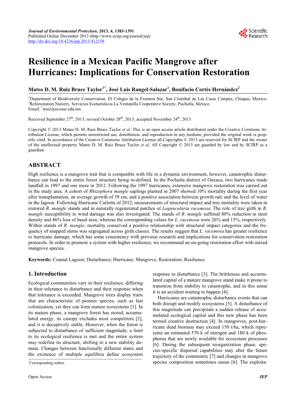 Resilience in a Mexican Pacific Mangrove After Hurricanes: Implications for Conservation Restoration