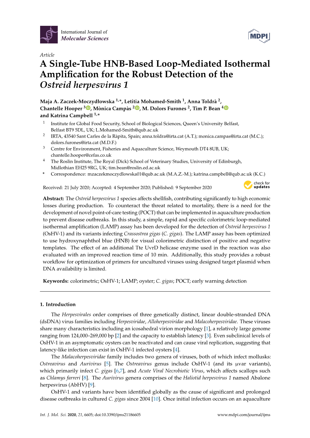 A Single-Tube HNB-Based Loop-Mediated Isothermal Ampliﬁcation for the Robust Detection of the Ostreid Herpesvirus 1