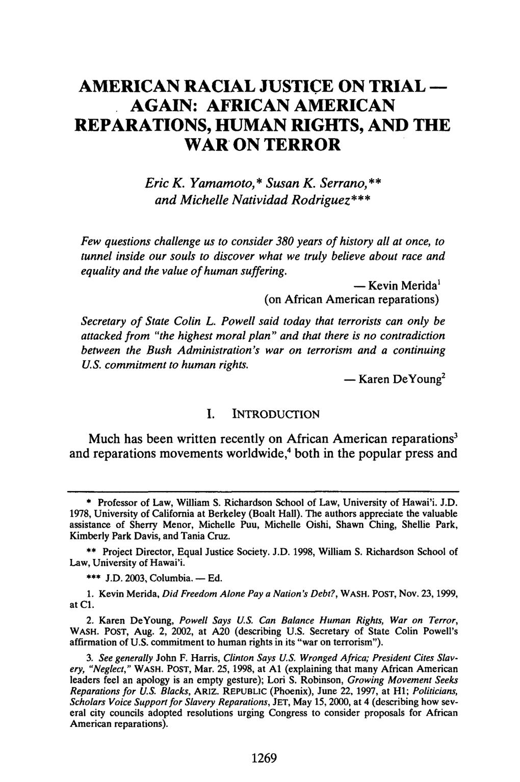 African American Reparations, Human Rights, and the War on Terror