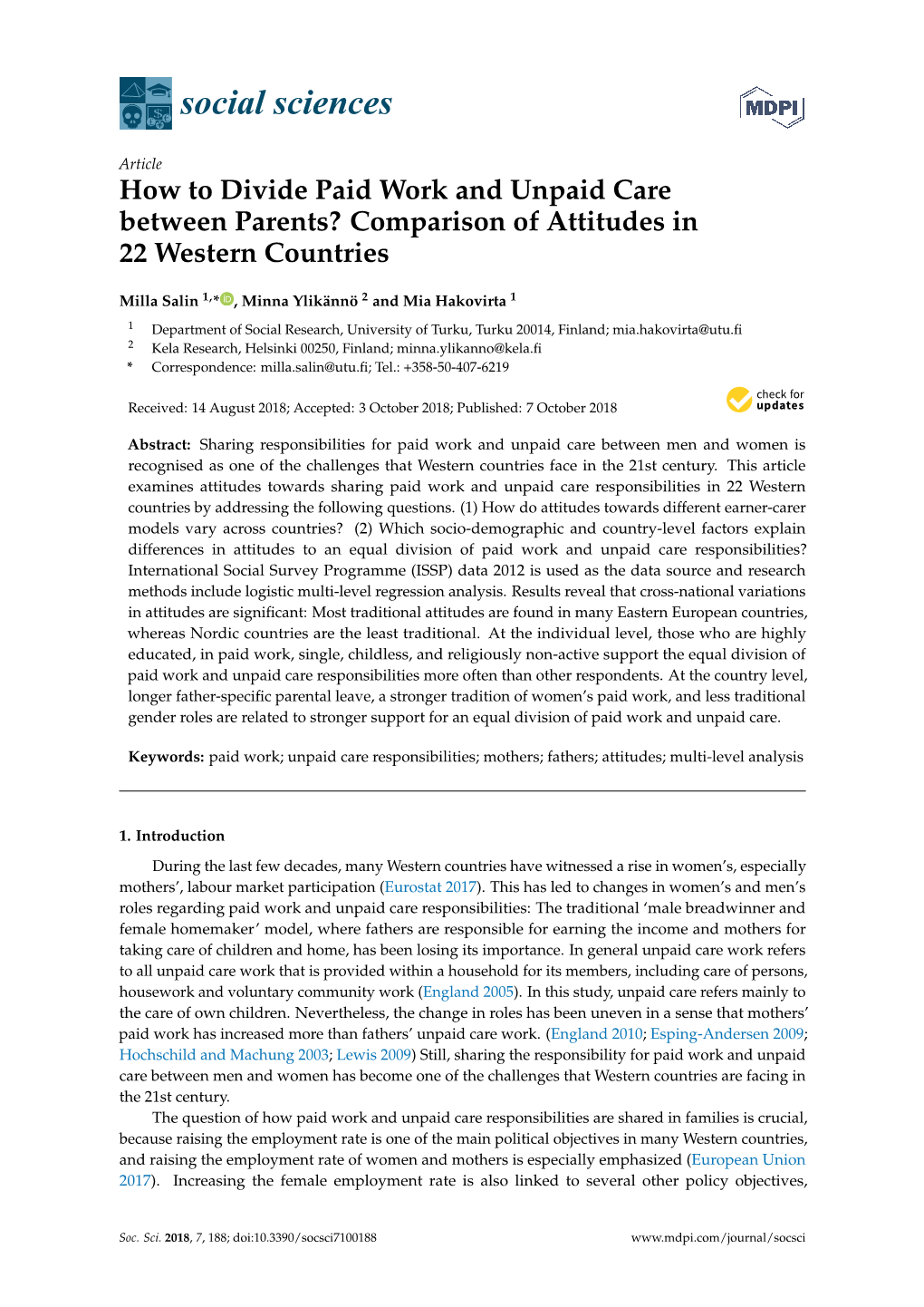 How to Divide Paid Work and Unpaid Care Between Parents? Comparison of Attitudes in 22 Western Countries