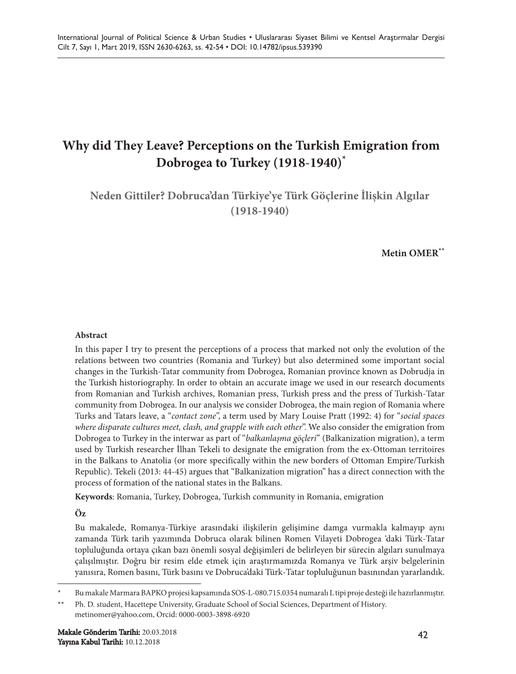 Perceptions on the Turkish Emigration from Dobrogea to Turkey (1918-1940)