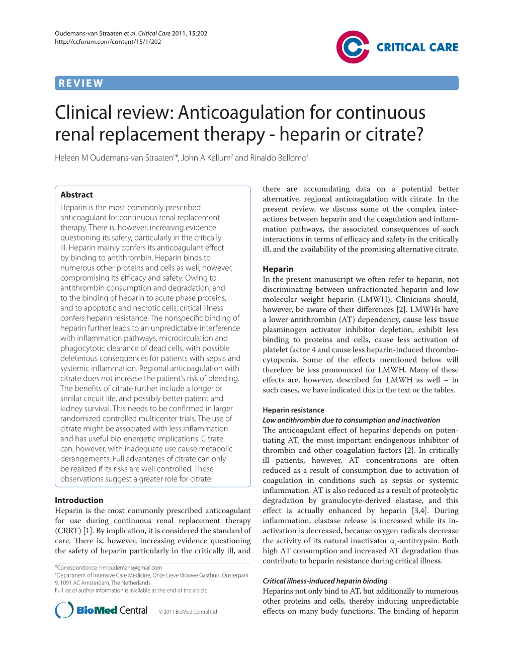 Anticoagulation for Continuous Renal Replacement Therapy - Heparin Or Citrate?