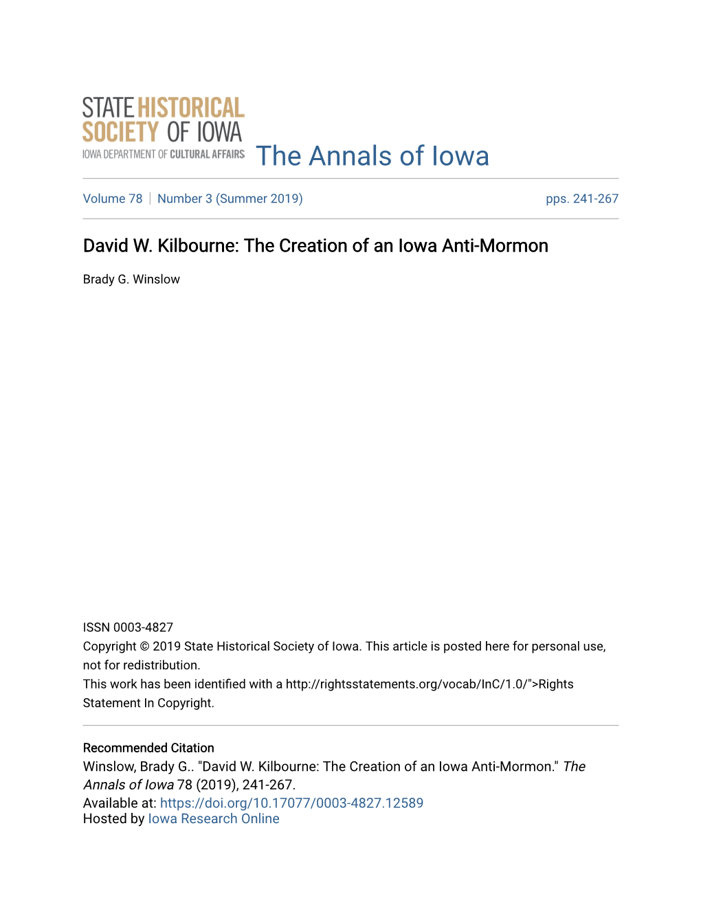 David W. Kilbourne: the Creation of an Iowa Anti-Mormon