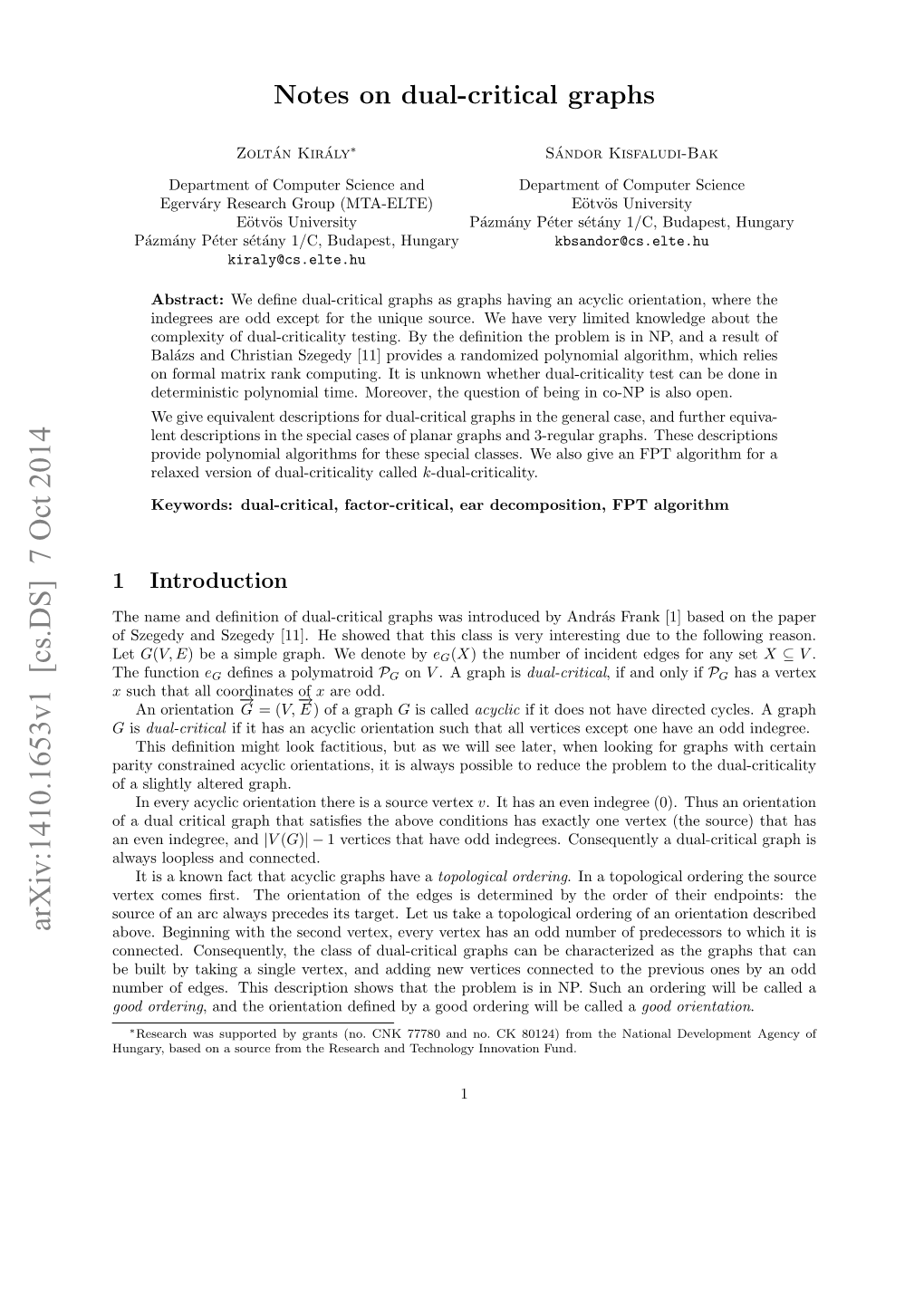 Notes on Dual-Critical Graphs