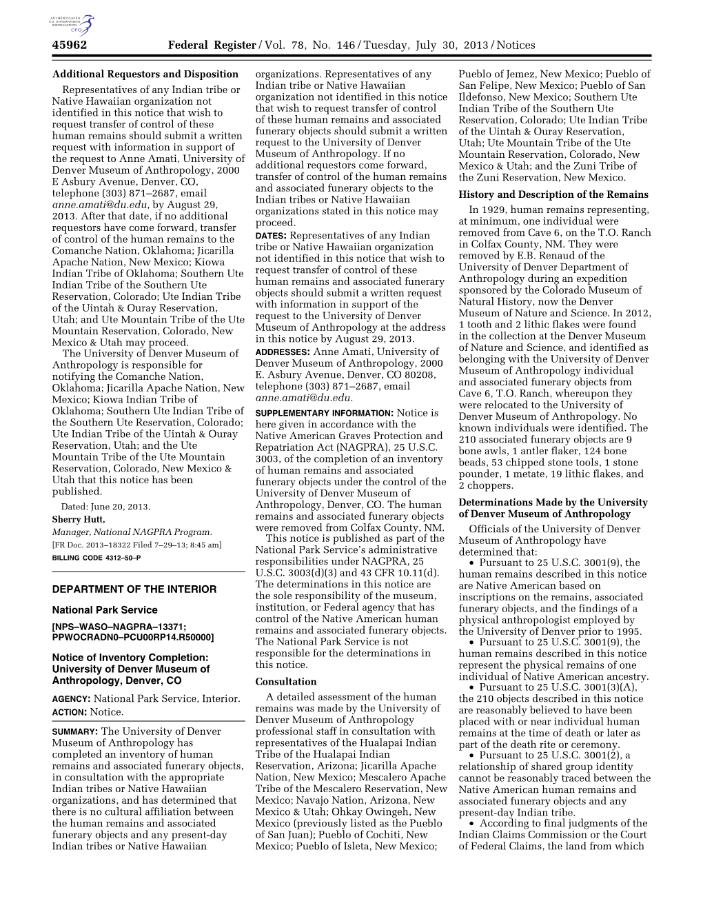 Federal Register/Vol. 78, No. 146/Tuesday, July 30, 2013/Notices