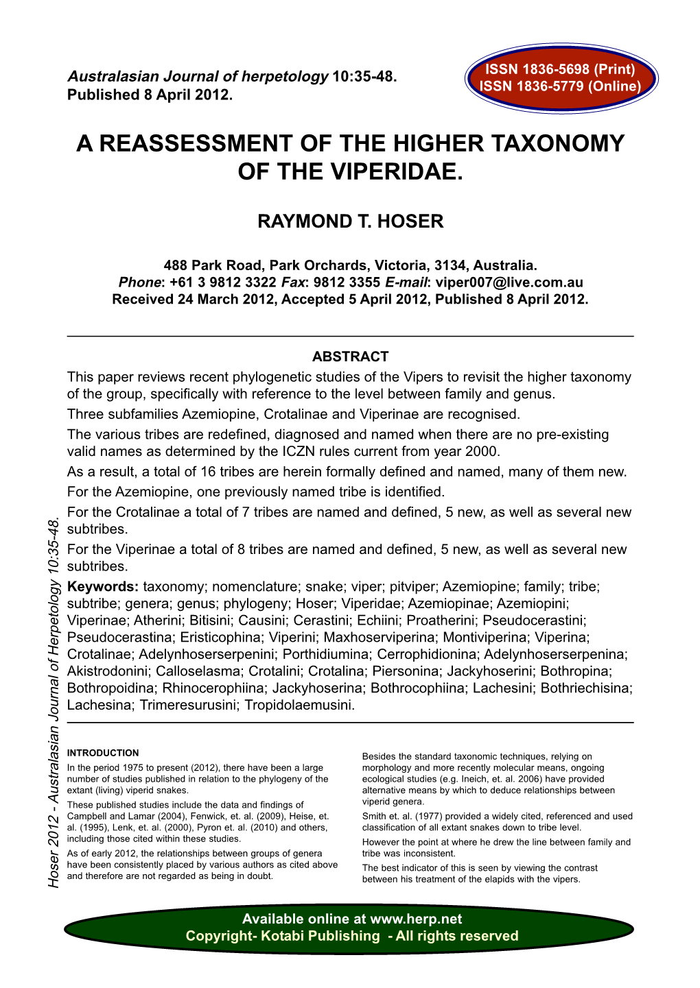 A Reassessment of the Higher Taxonomy of the Viperidae