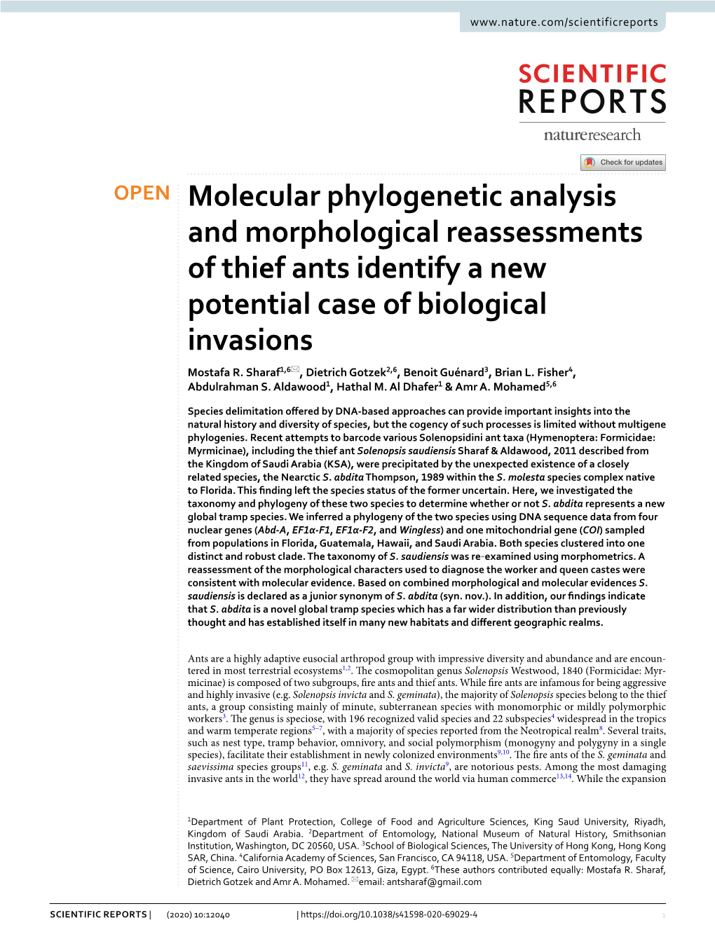 Molecular Phylogenetic Analysis and Morphological Reassessments of Thief Ants Identify a New Potential Case of Biological Invasions Mostafa R