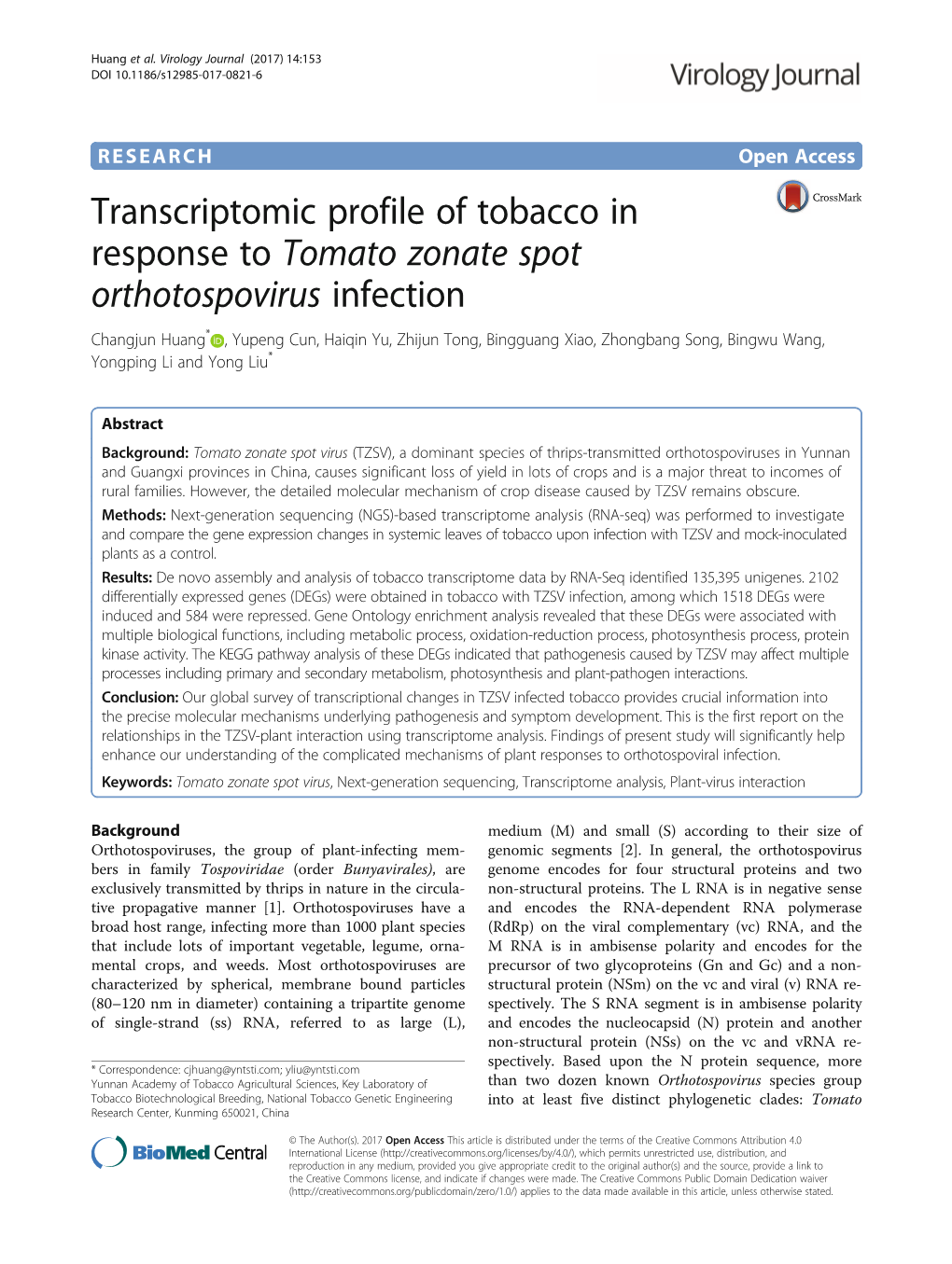 Transcriptomic Profile of Tobacco in Response to Tomato Zonate Spot