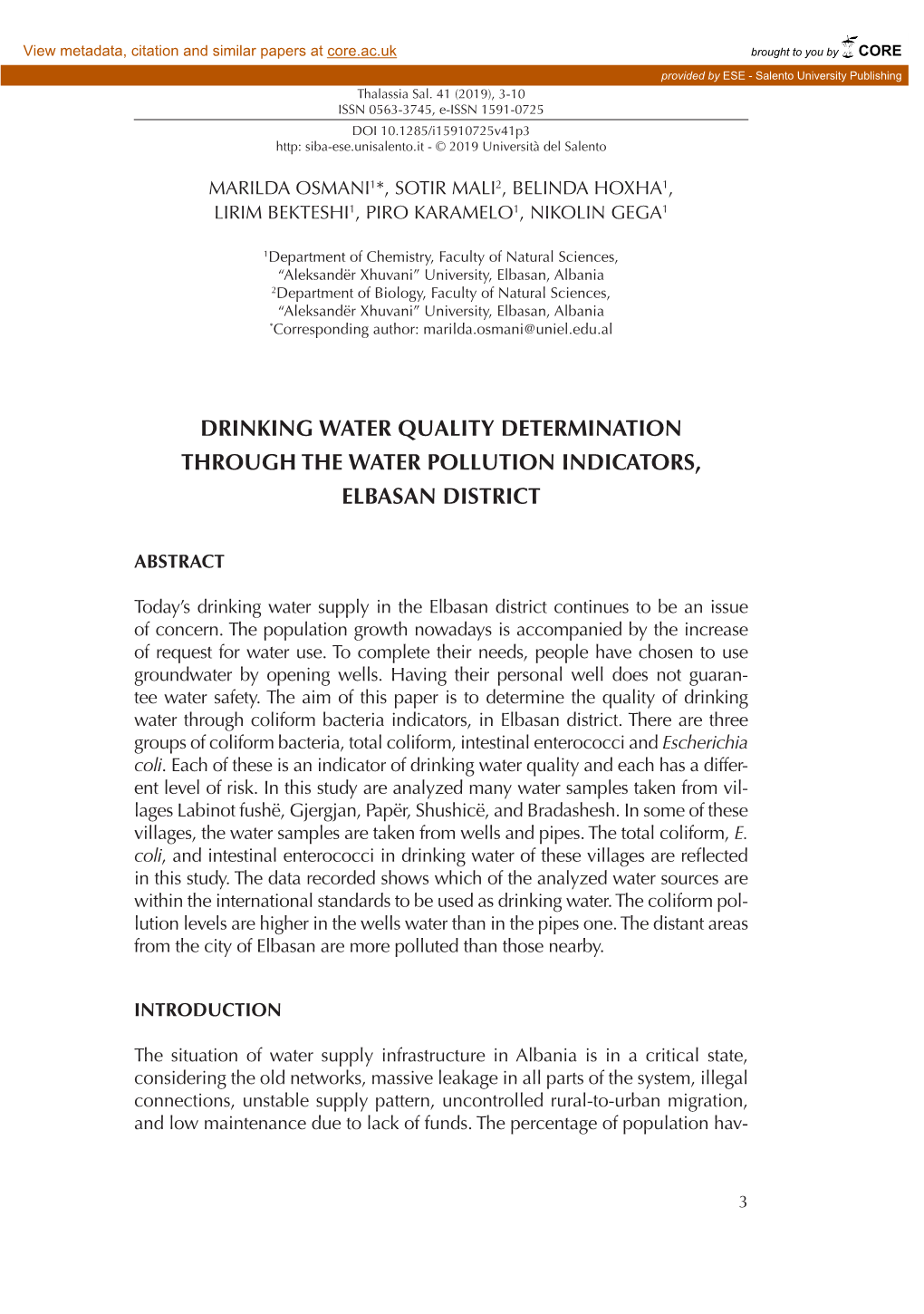 Drinking Water Quality Determination Through the Water Pollution Indicators, Elbasan District