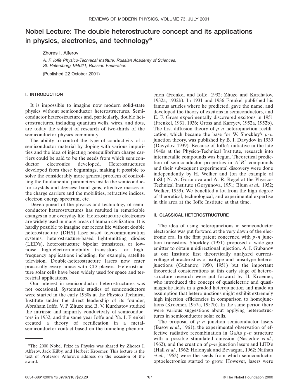 The Double Heterostructure Concept and Its Applications in Physics, Electronics, and Technology*