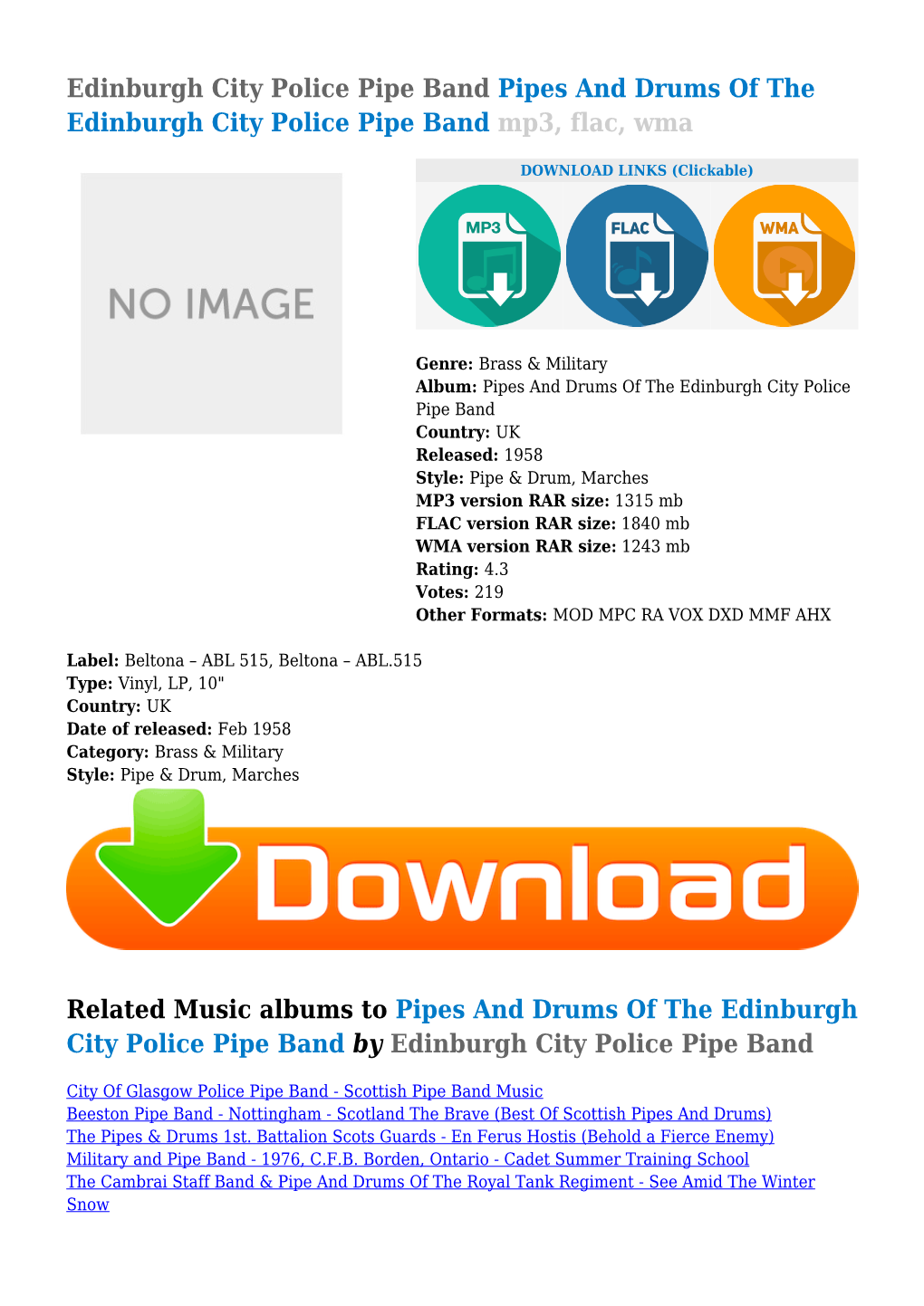 Edinburgh City Police Pipe Band Pipes and Drums of the Edinburgh City Police Pipe Band Mp3, Flac, Wma