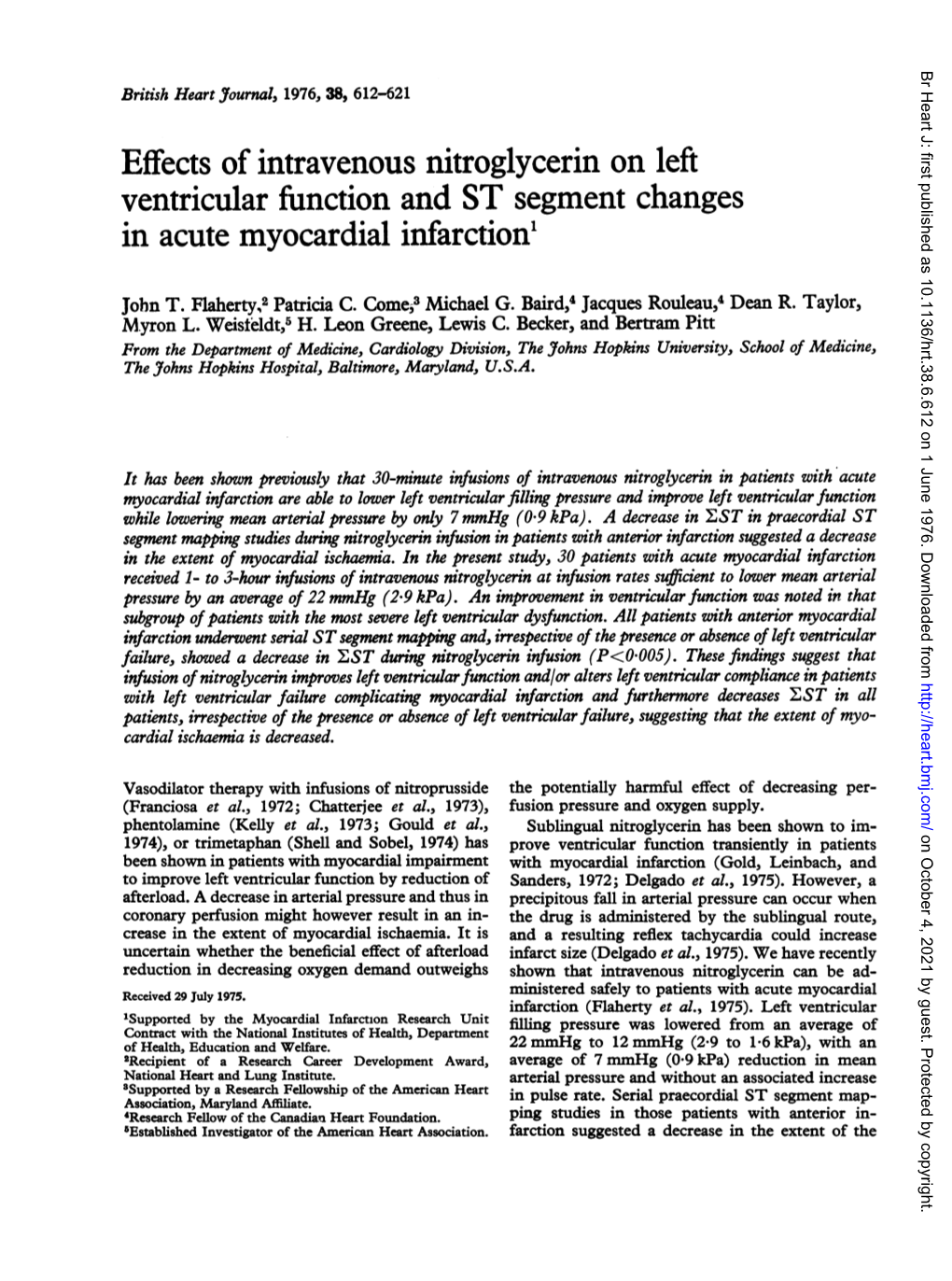 Effects of Intravenous Nitroglycerin on Left Ventricular Function and ST Segment Changes in Acute Myocardial Infarction1