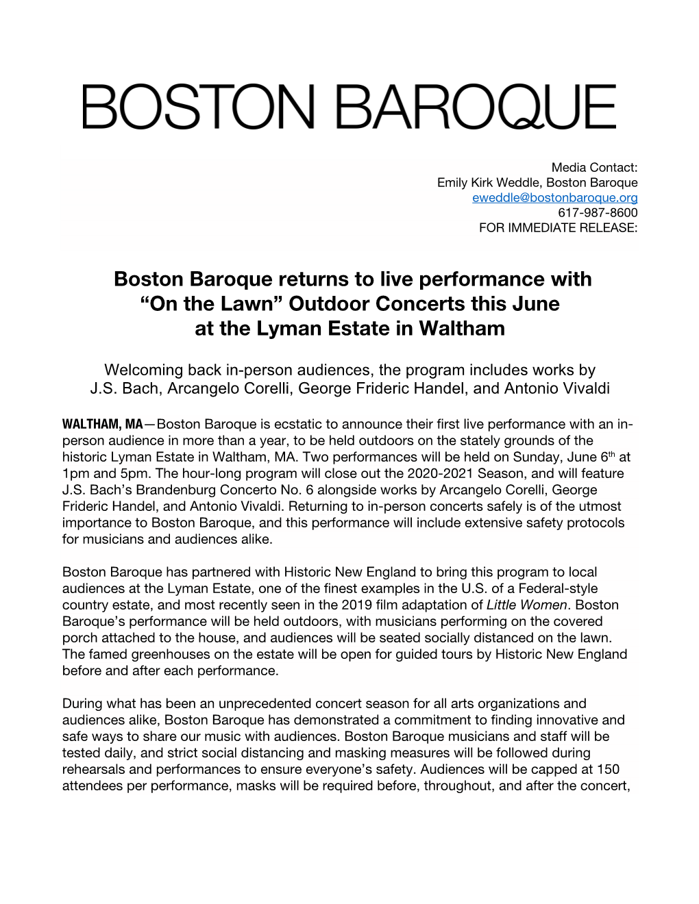 Boston Baroque Returns to Live Performance with “On the Lawn” Outdoor Concerts This June at the Lyman Estate in Waltham