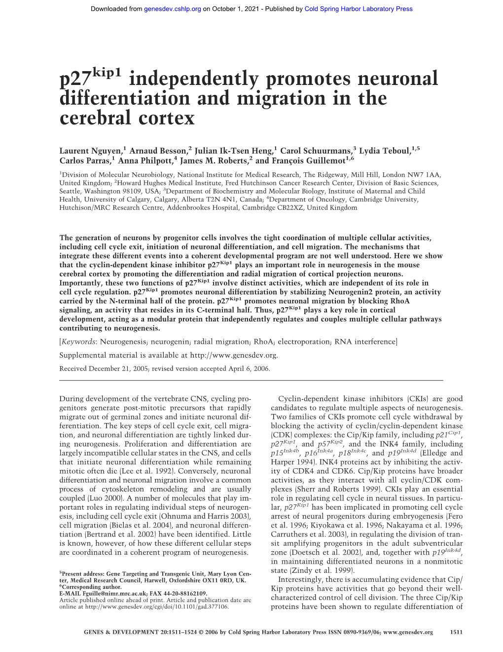 P27 Independently Promotes Neuronal Differentiation and Migration in The