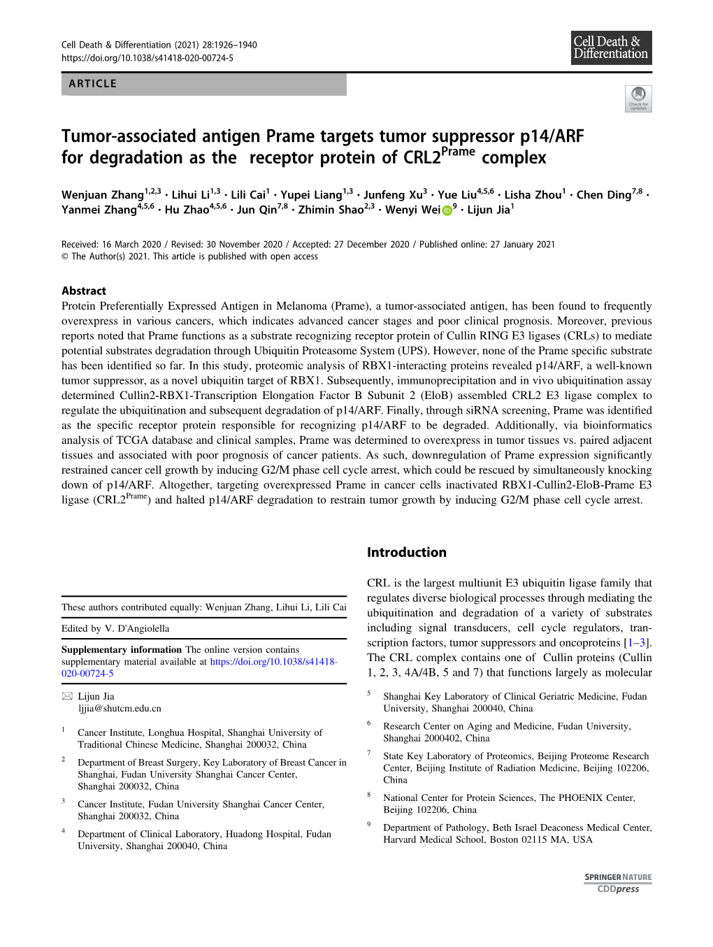 Tumor-Associated Antigen Prame Targets Tumor Suppressor P14/ARF for Degradation As the Receptor Protein of Crl2prame Complex