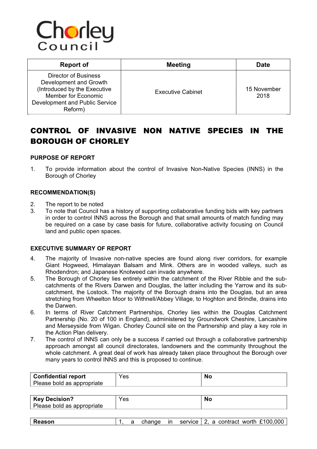 Control of Invasive Non-Native Species (INNS) in the Borough of Chorley