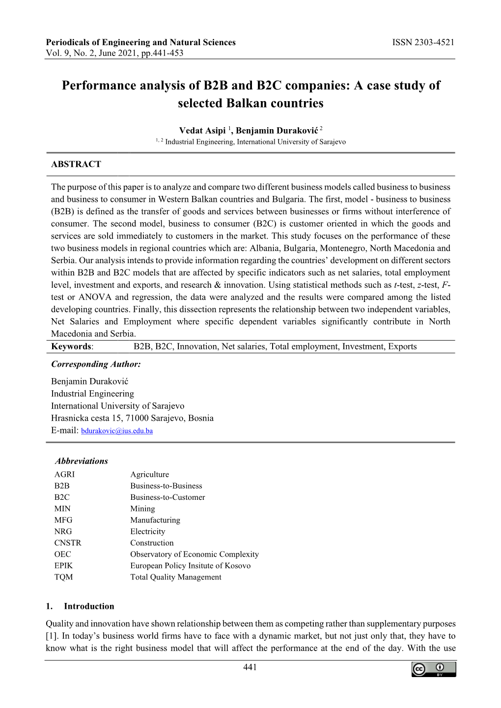 Performance Analysis of B2B and B2C Companies: a Case Study of Selected Balkan Countries