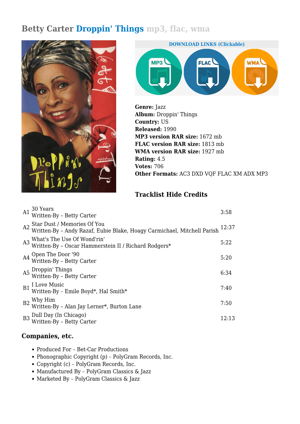 Betty Carter Droppin' Things Mp3, Flac, Wma