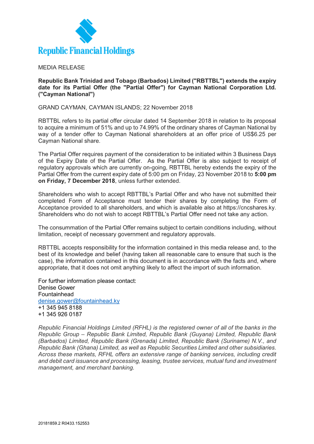 MEDIA RELEASE Republic Bank Trinidad and Tobago (Barbados