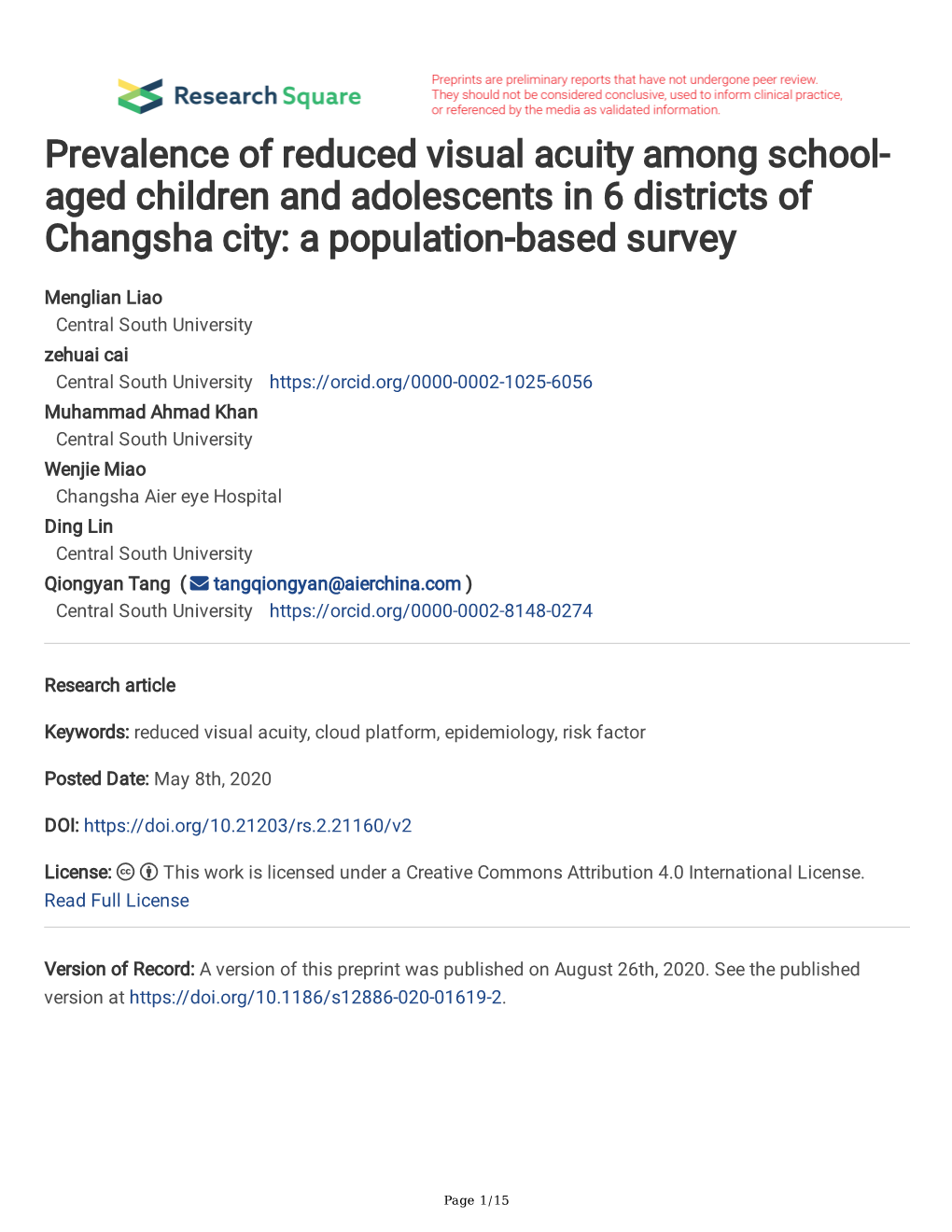 Prevalence of Reduced Visual Acuity Among School- Aged Children and Adolescents in 6 Districts of Changsha City: a Population-Based Survey