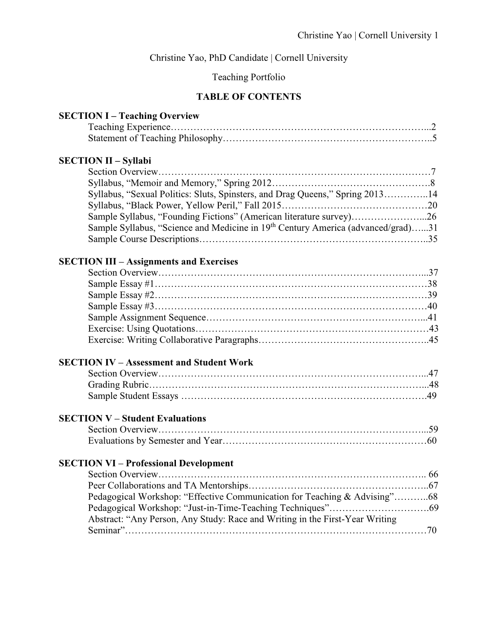 Cornell University Teaching Portfolio TABLE of CONTENTS SECT