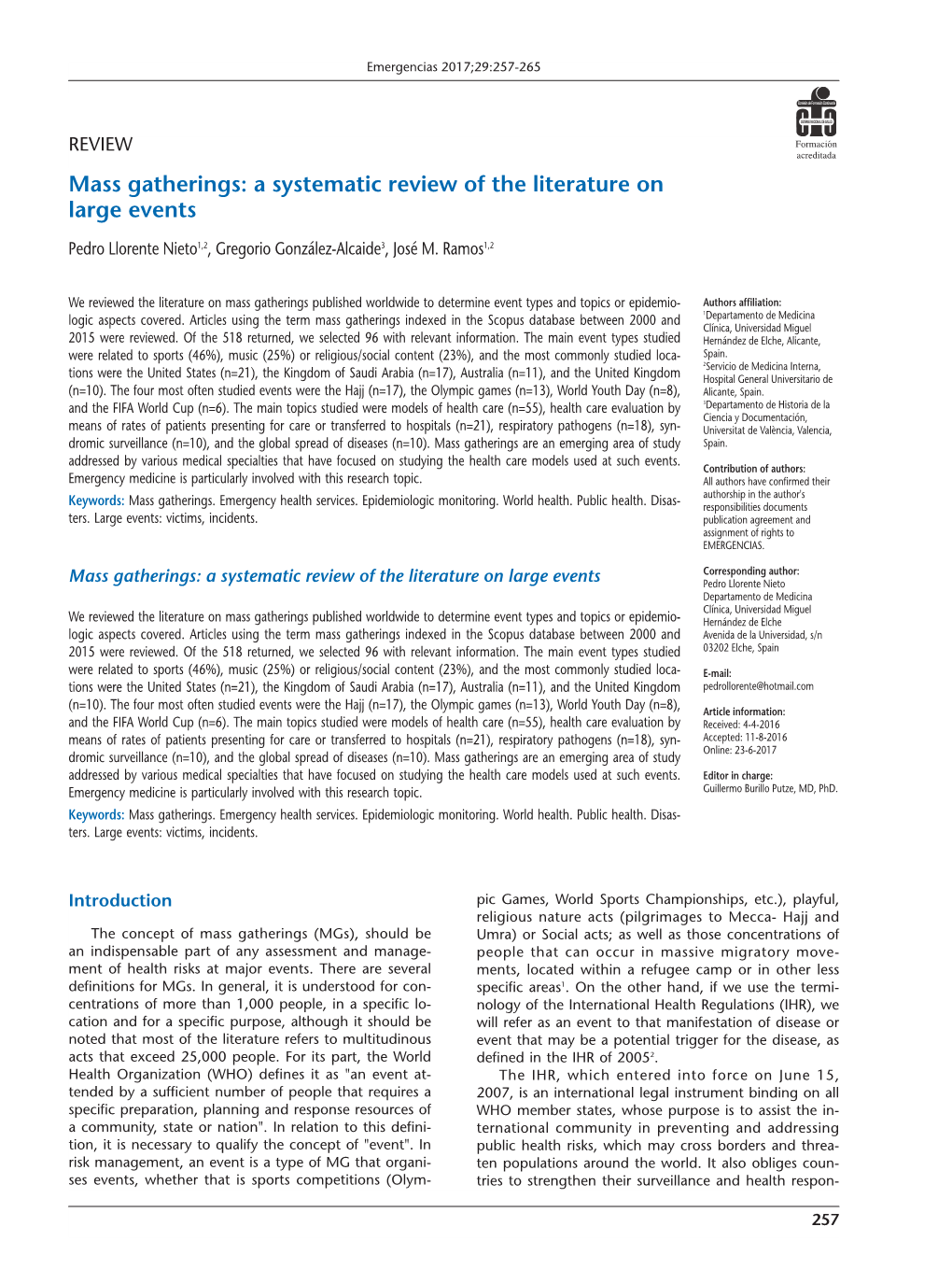 Mass Gatherings: a Systematic Review of the Literature on Large Events