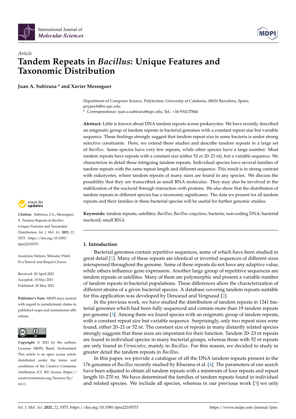 Tandem Repeats in Bacillus: Unique Features and Taxonomic Distribution