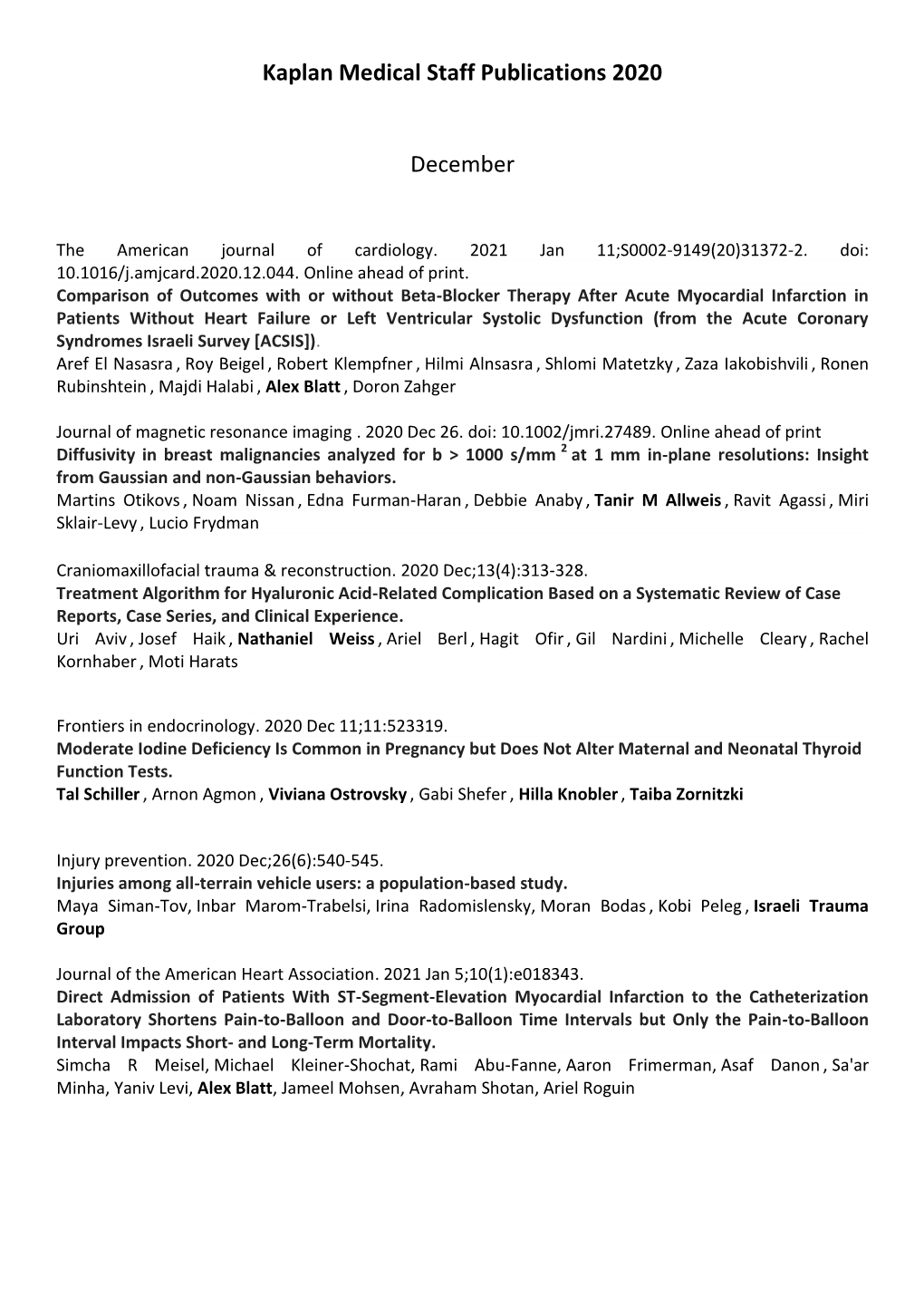 Kaplan Medical Staff Publications 2020 December