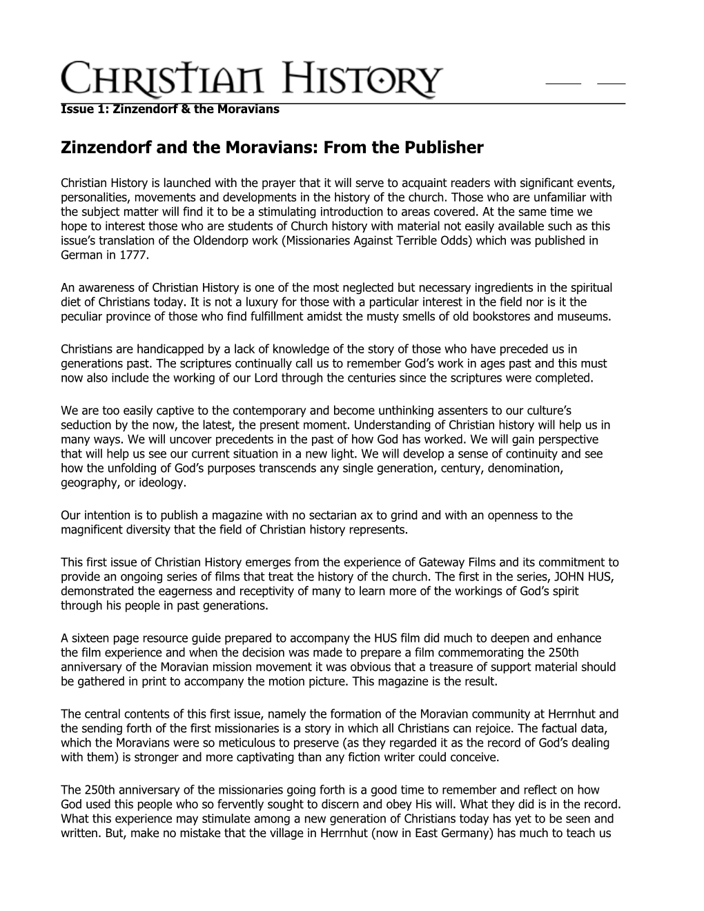 Zinzendorf and the Moravians: from the Publisher