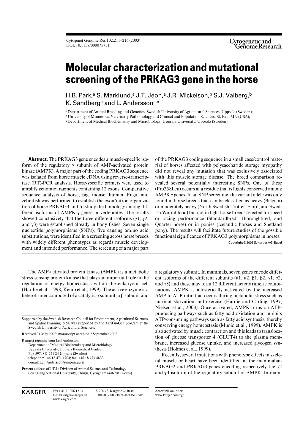 Molecular Characterization and Mutational Screening of the PRKAG3 Gene in the Horse