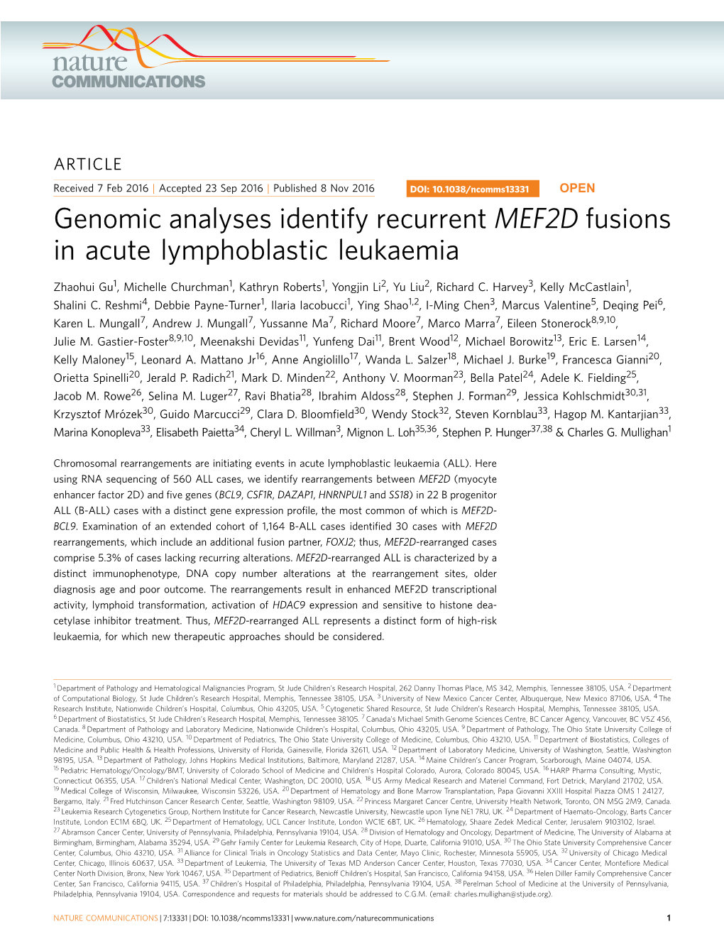 Genomic Analyses Identify Recurrent MEF2D Fusions in Acute Lymphoblastic Leukaemia