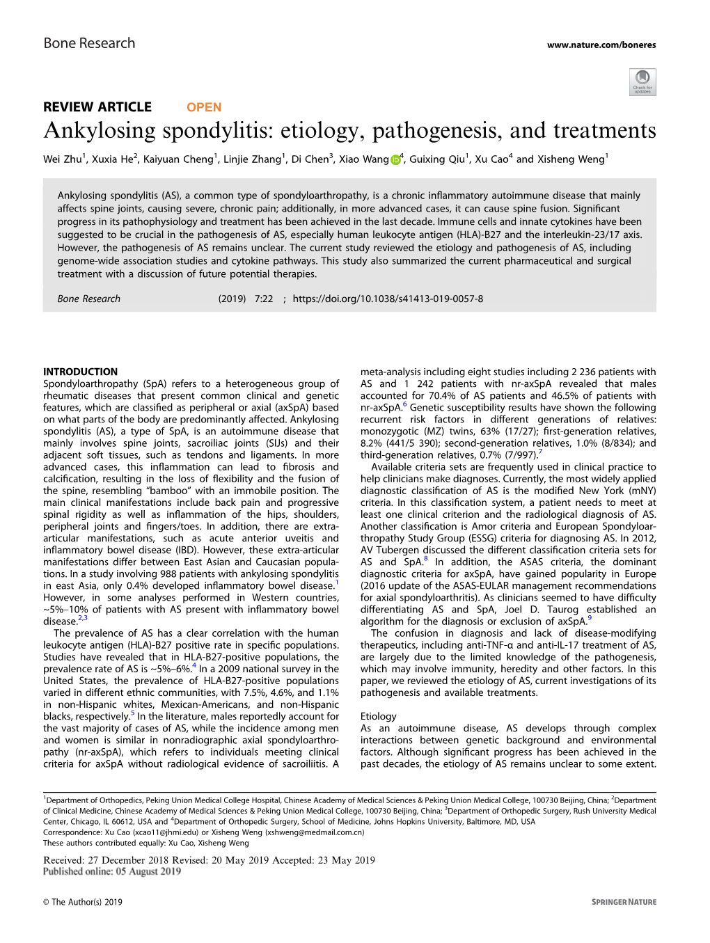 Ankylosing Spondylitis: Etiology, Pathogenesis, and Treatments