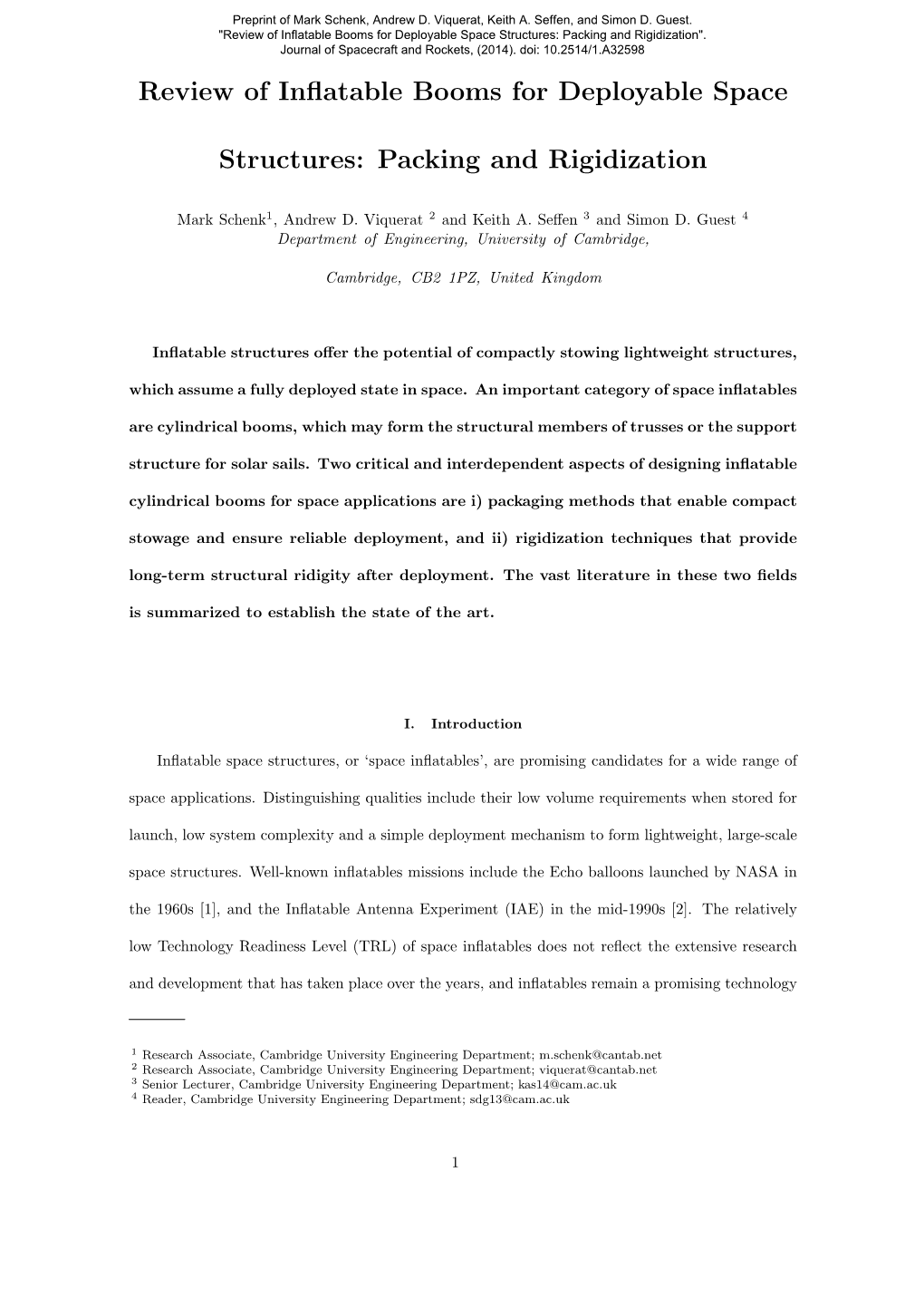 Review of Inflatable Booms for Deployable Space Structures: Packing and Rigidization