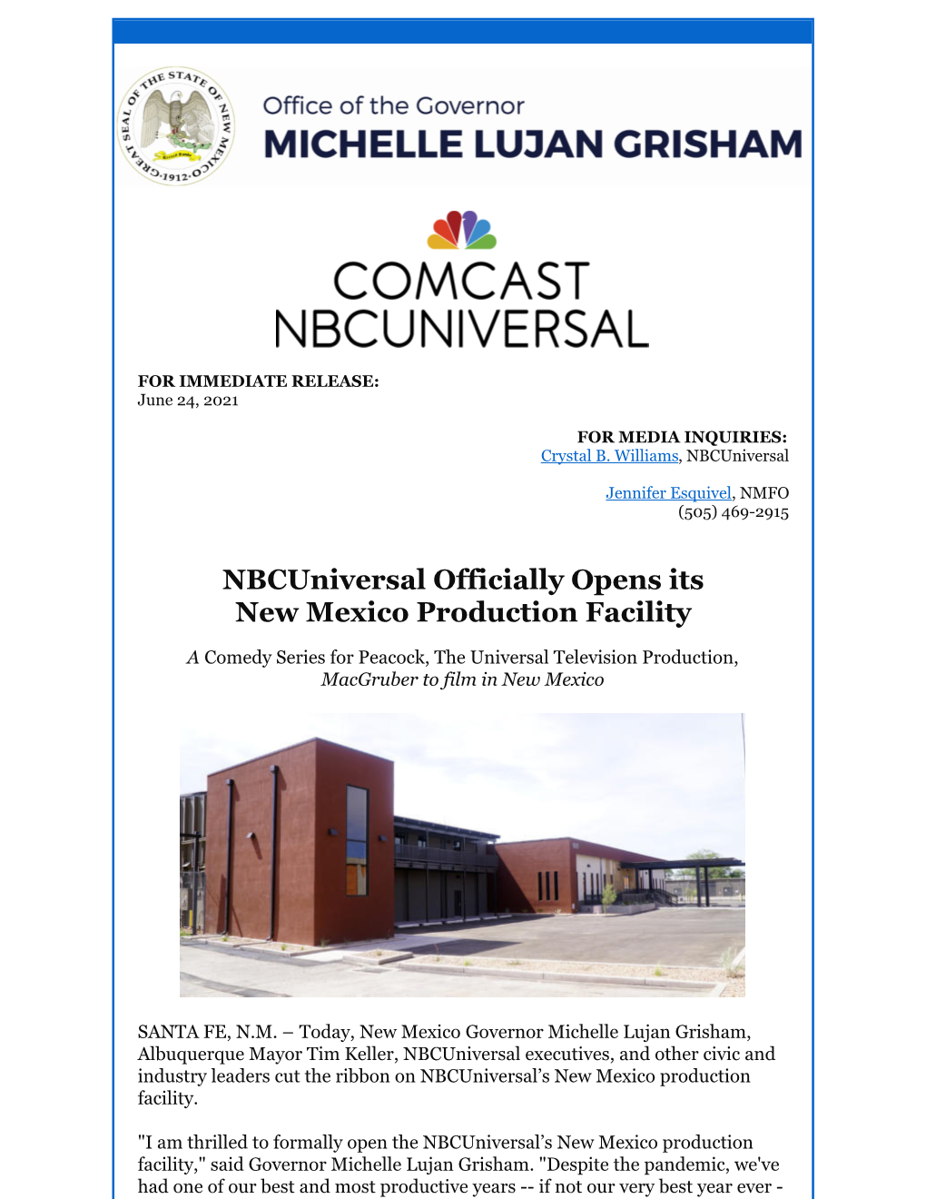 Nbcuniversal Officially Opens Its New Mexico Production Facility