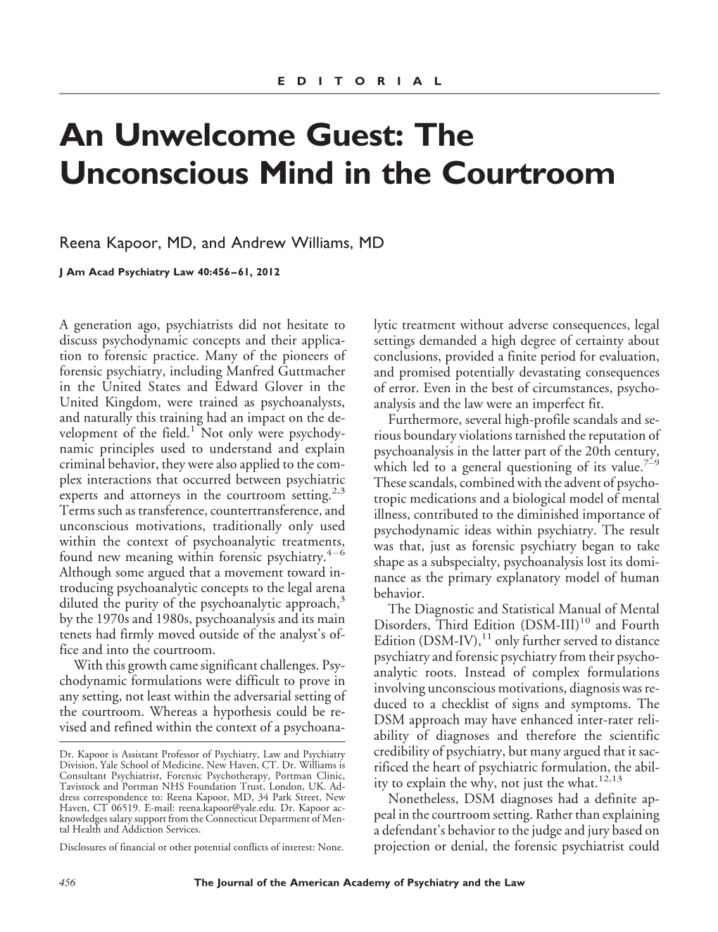 An Unwelcome Guest: the Unconscious Mind in the Courtroom