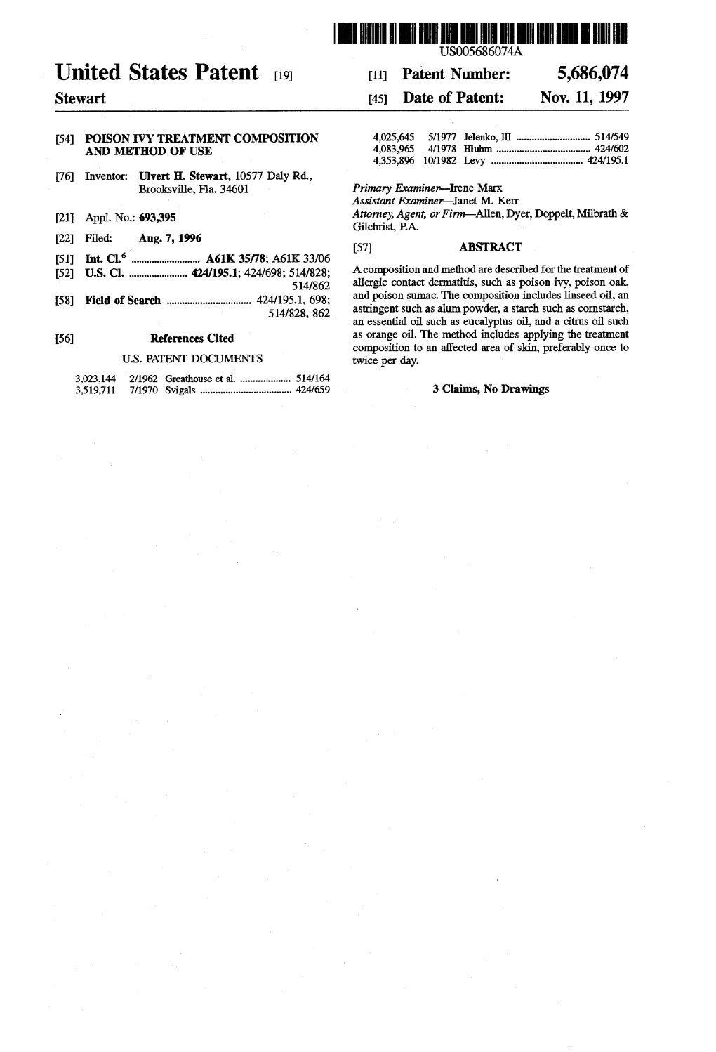 United States Patent (19) 11 Patent Number: 5,686,074 Stewart 45 Date of Patent: Nov