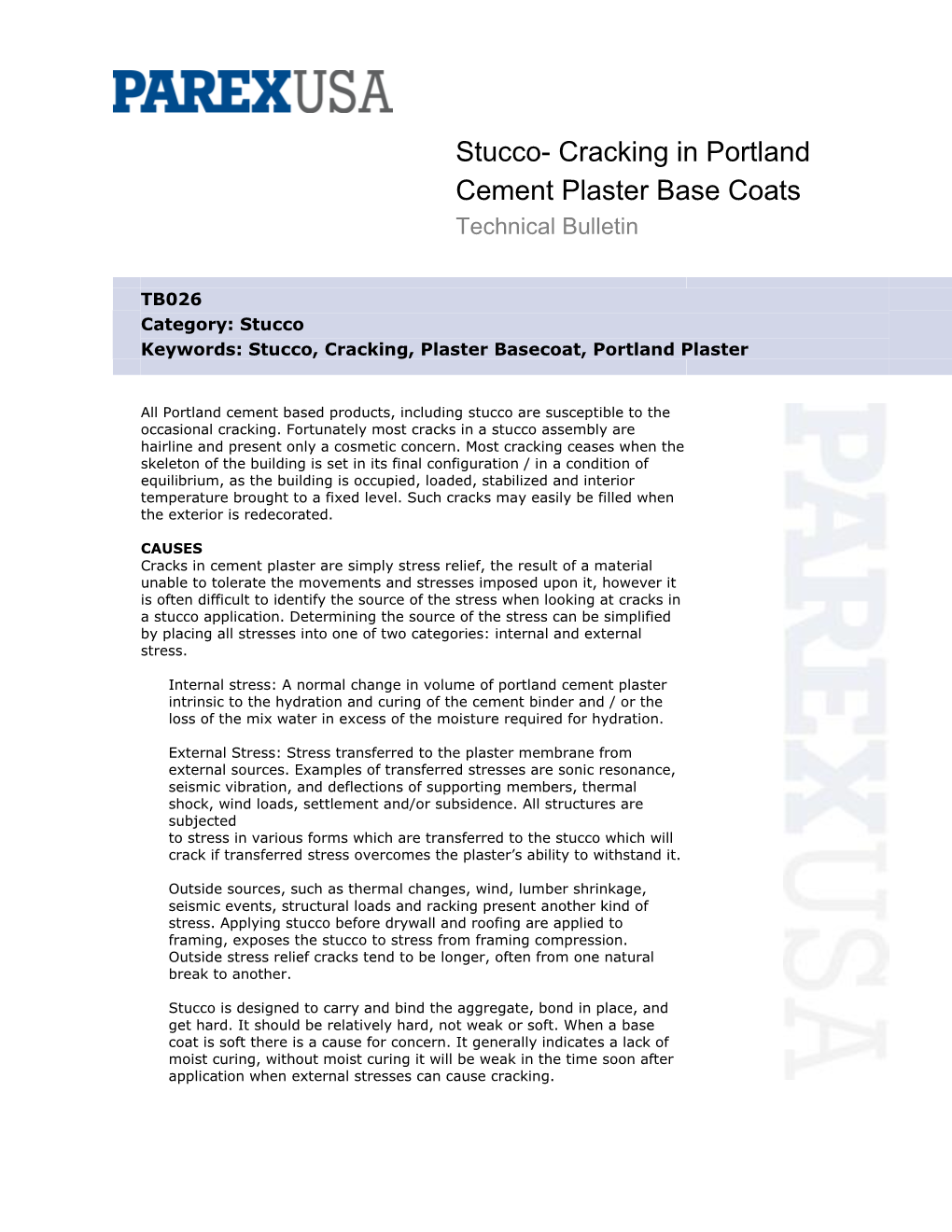 Cracking in Portland Cement Plaster Base Coats Technical Bulletin