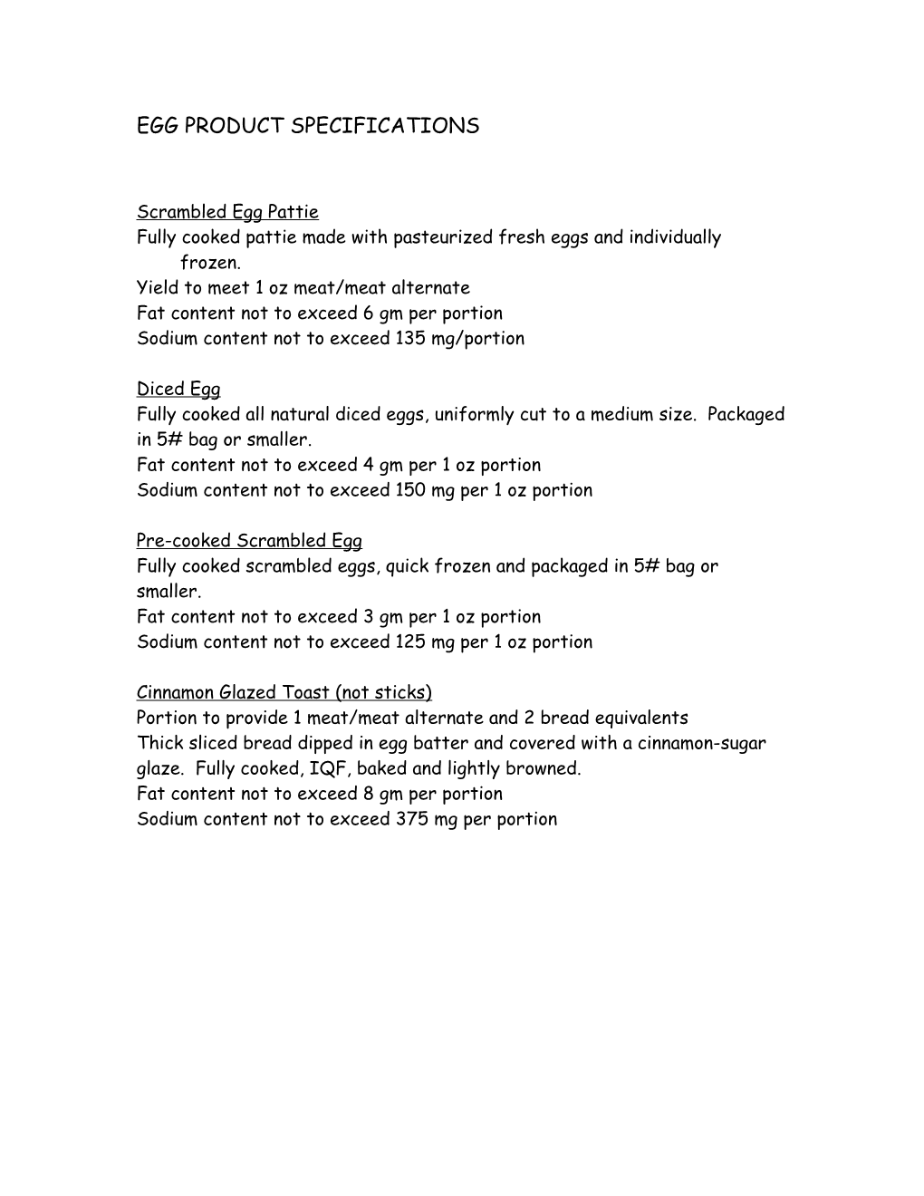 Egg Product Specifications