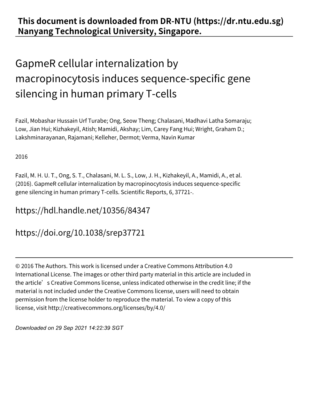 Gapmer Cellular Internalization by Macropinocytosis Induces Sequence‑Specific Gene Silencing in Human Primary T‑Cells