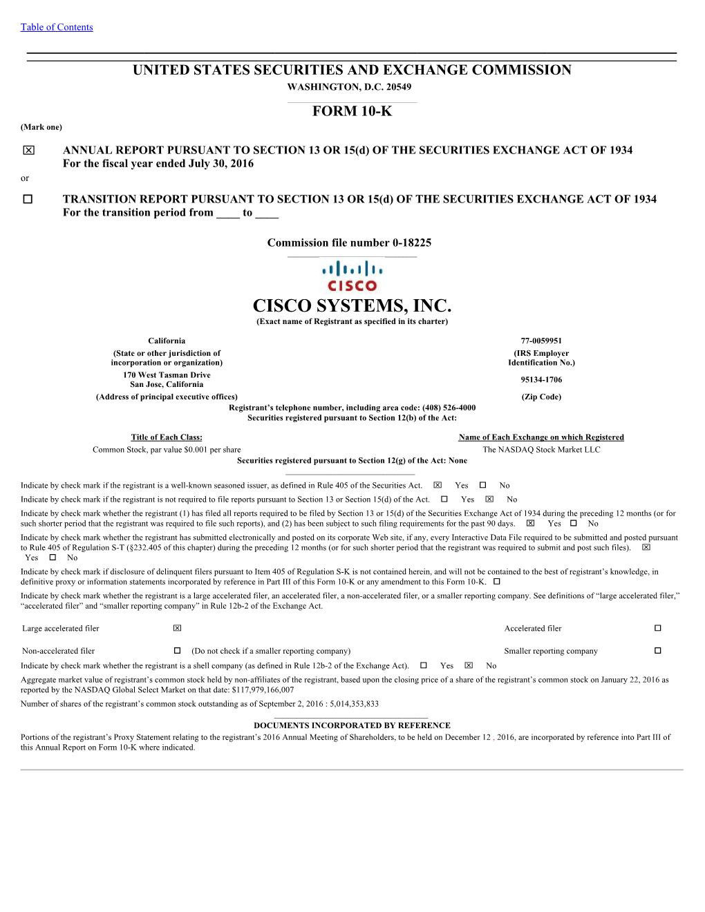 CISCO SYSTEMS, INC. (Exact Name of Registrant As Specified in Its Charter)