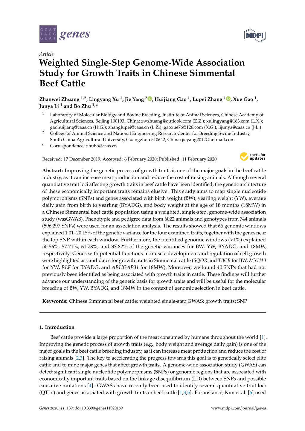 Weighted Single-Step Genome-Wide Association Study for Growth Traits in Chinese Simmental Beef Cattle