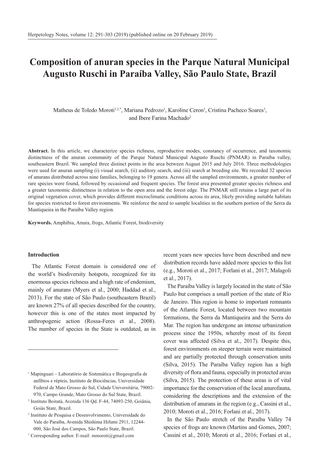 Composition of Anuran Species in the PNMAR