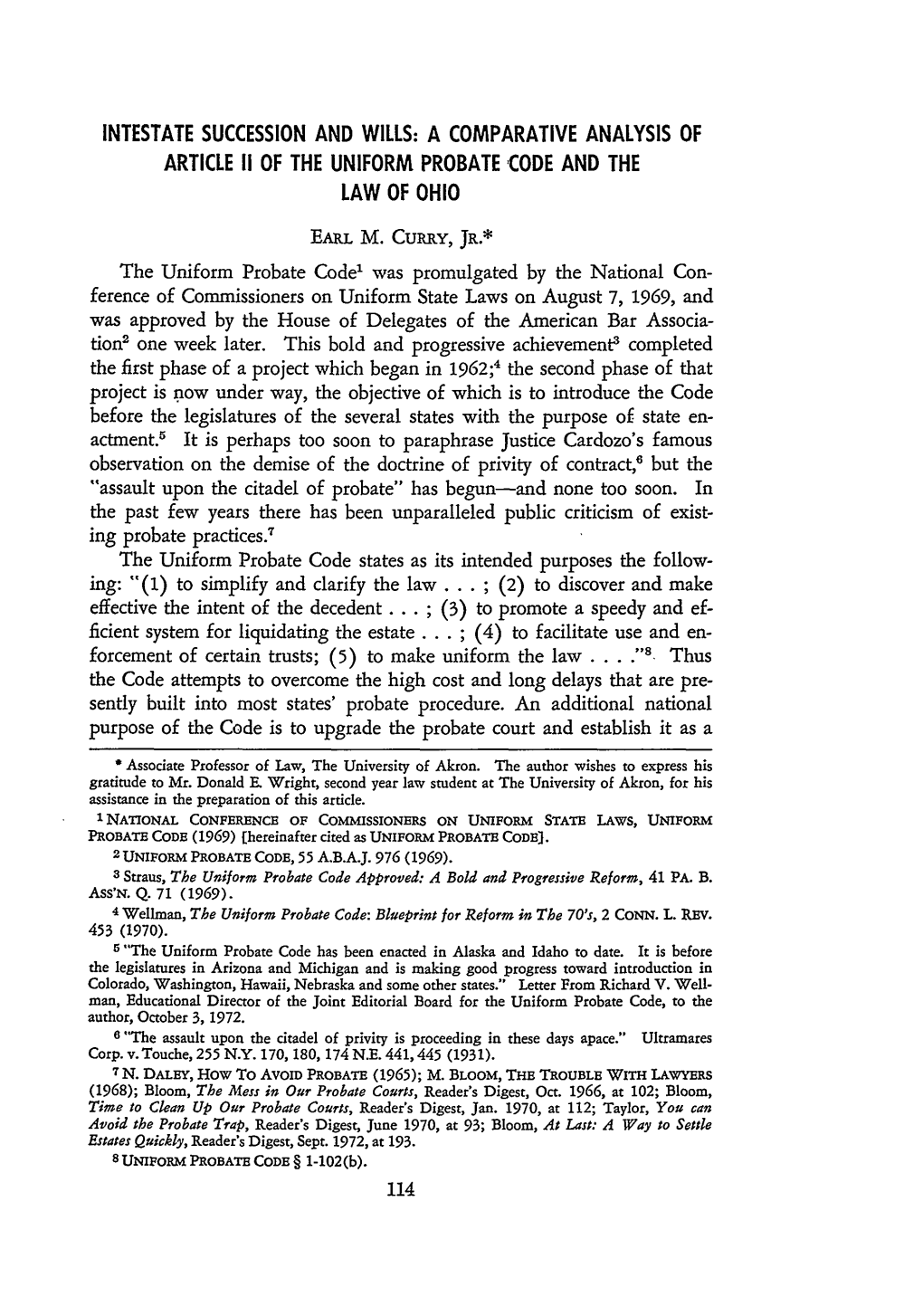 Intestate Succession and Wills: a Comparative Analysis of Article Iiof the Uniform Probate ,Code and the Law of Ohio