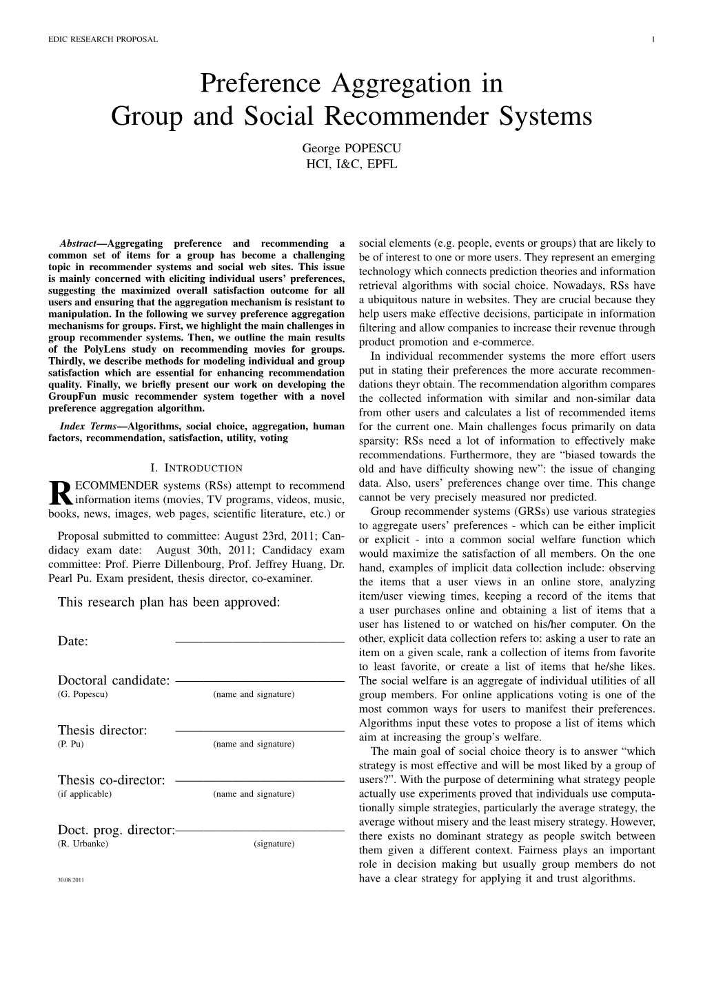 Preference Aggregation in Group and Social Recommender Systems George POPESCU HCI, I&C, EPFL