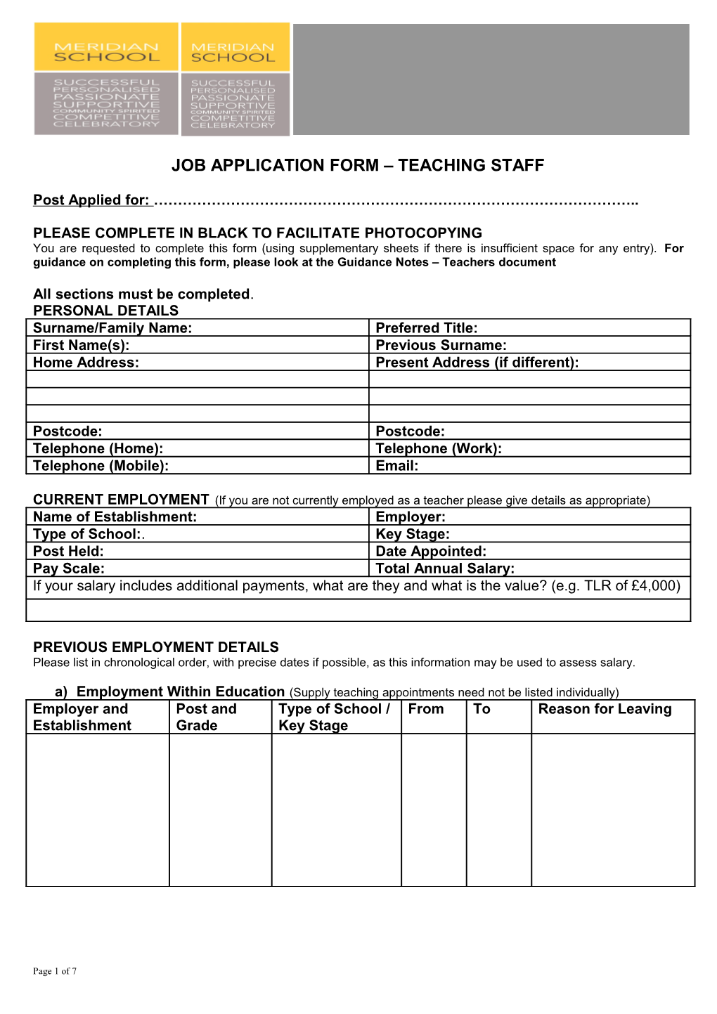 Hertfordshire County Council Job Application Form - Support Staff (Support Staff)