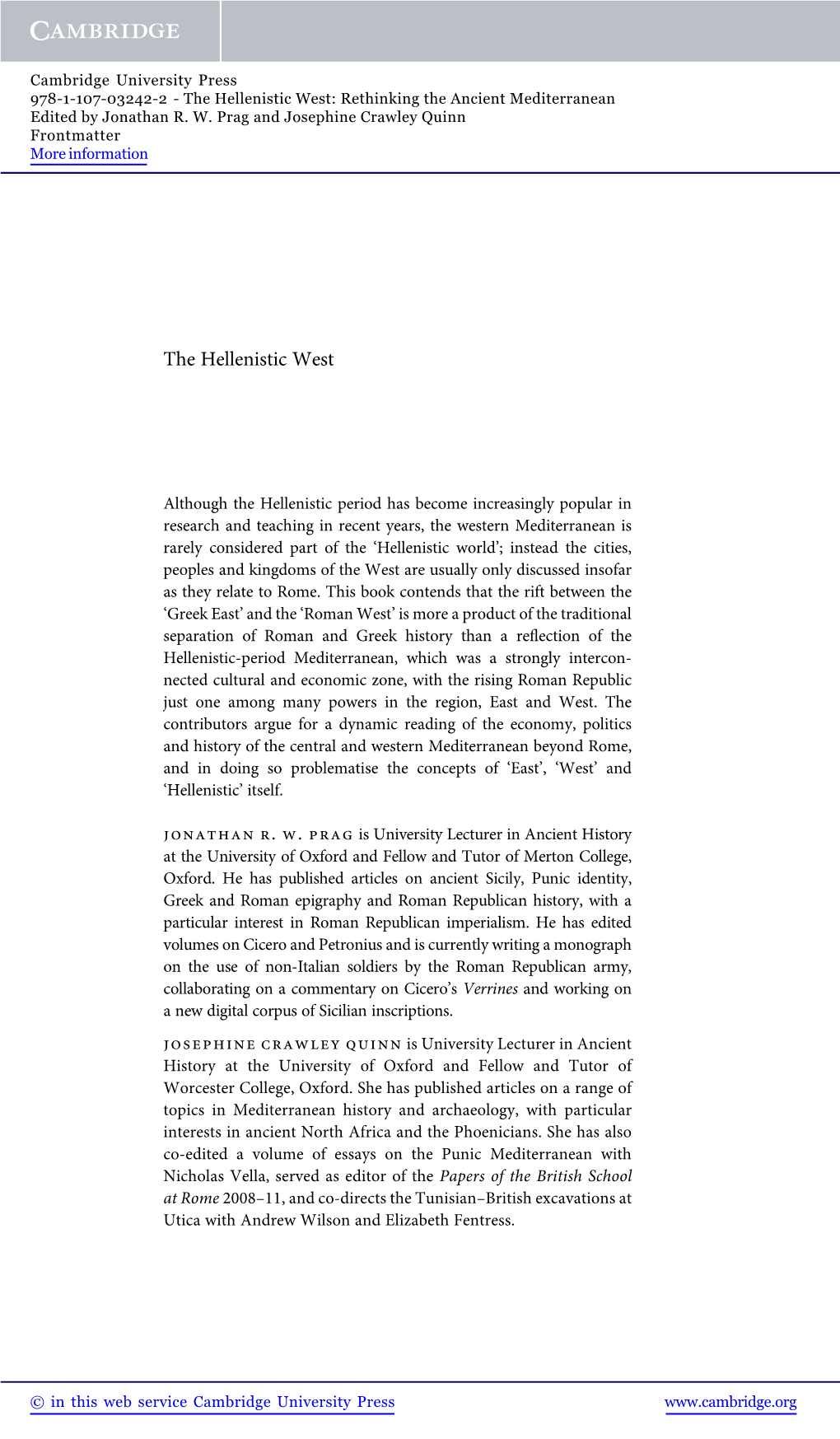 The Hellenistic West: Rethinking the Ancient Mediterranean Edited by Jonathan R