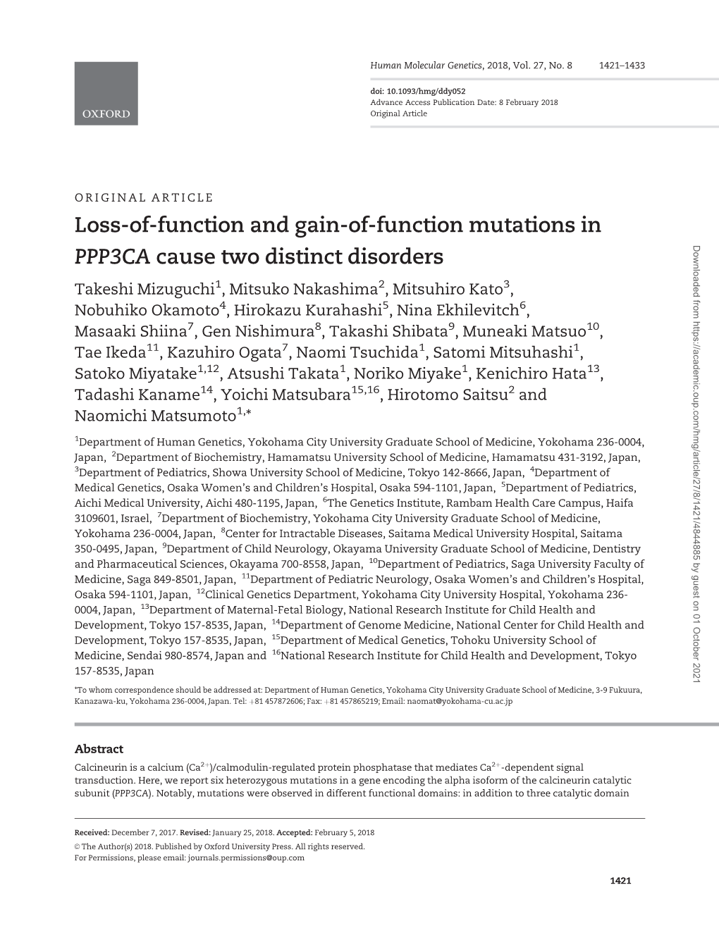 Loss-Of-Function and Gain-Of-Function Mutations in PPP3CA Cause Two