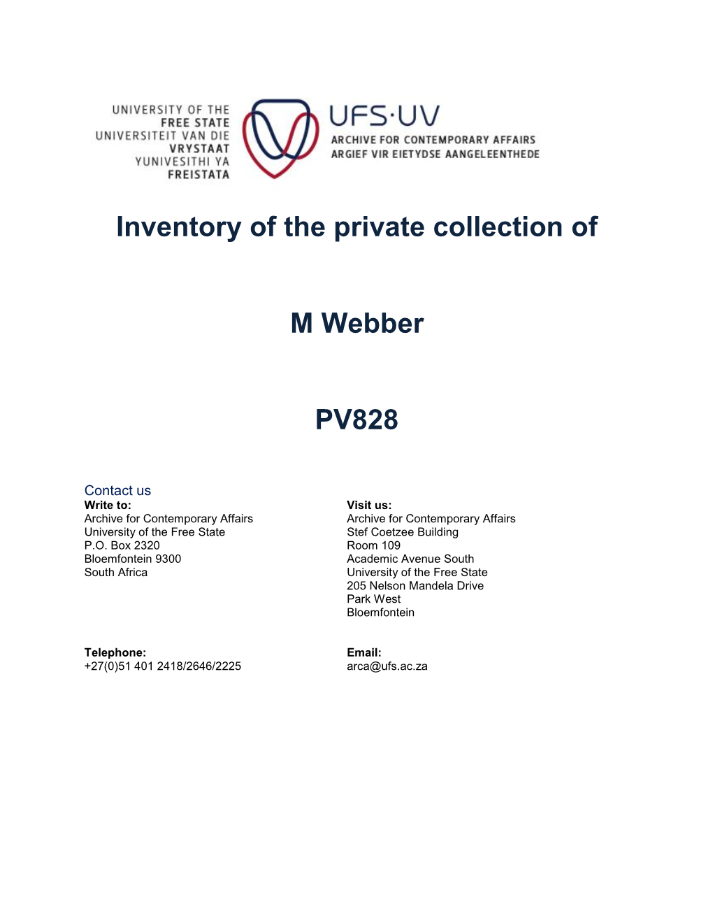 Inventory of the Private Collection of M Webber PV828