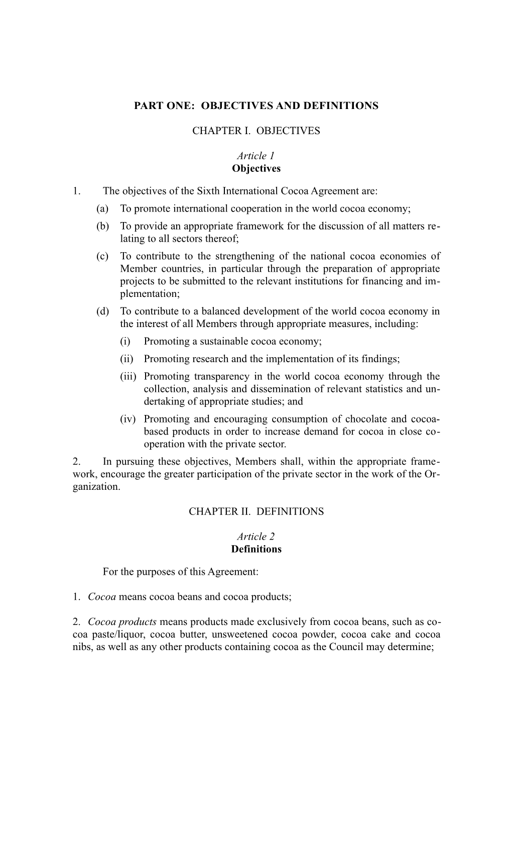 International Cocoa Agreement, 2001