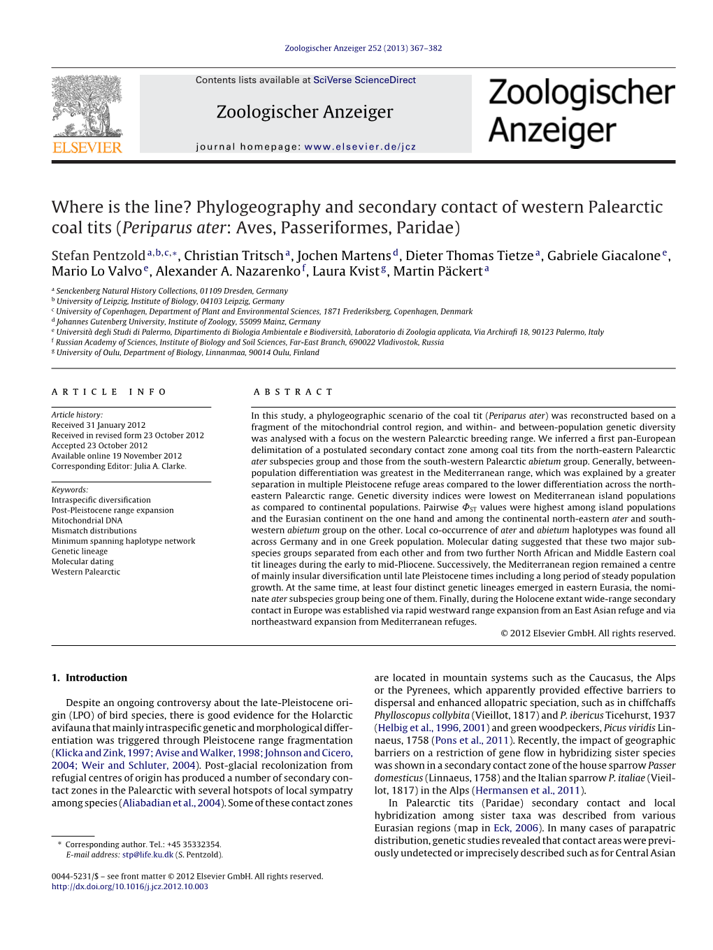 Phylogeography and Secondary Contact of Western Palearctic Coal Tits (Periparus Ater: Aves, Passeriformes, Paridae)